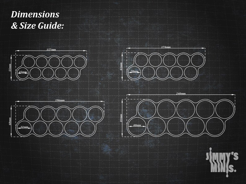 May include: Diagram showing four miniature storage trays with dimensions in millimetres. The trays are white outlines on a dark background, with the text "Dimensions & Size Guide:" at the top. The logo "Jimmy's Minis" is in the bottom right corner.