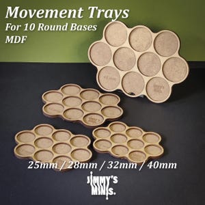 May include: A selection of laser-cut MDF movement trays for miniature bases. The trays are designed to hold 10 round bases, with sizes including 25mm, 28mm, 32mm, and 40mm. The text "Movement Trays" and "Jimmy's MINIS" are visible.