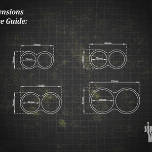 May include: Diagram showing four different sizes of a double-holed item, with dimensions in millimeters. The text "Dimensions & Size Guide" is at the top. The logo "Jimmy's MINIS" is in the bottom right corner.