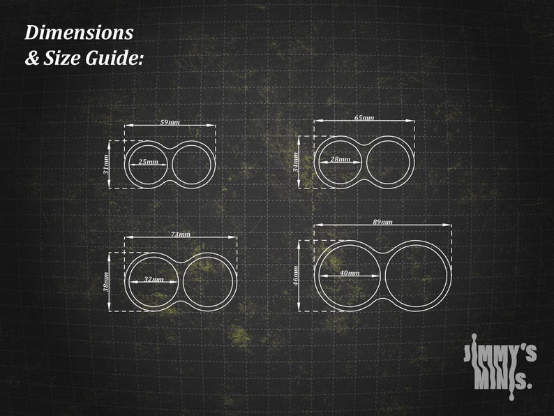May include: Diagram showing four different sizes of a double-holed item, with dimensions in millimeters. The text "Dimensions & Size Guide" is at the top. The logo "Jimmy's MINIS" is in the bottom right corner.