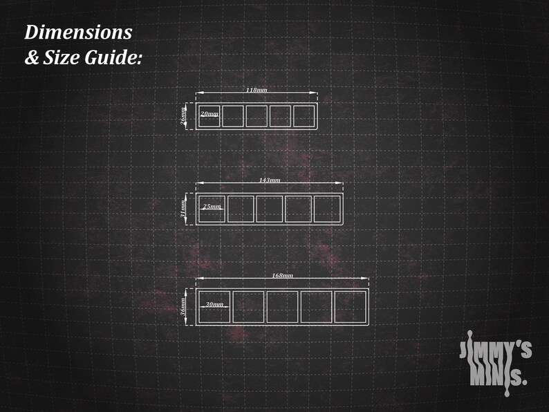 Puede incluir: Diagrama que muestra las dimensiones y la gu&iacute;a de tallas para contenedores en miniatura. La imagen muestra tres dise&ntilde;os rectangulares con medidas en mil&iacute;metros. El contenedor superior mide 118 mm de largo, el del medio 143 mm y el inferior 168 mm. El texto "Dimensions & Size Guide:" est&aacute; arriba.
