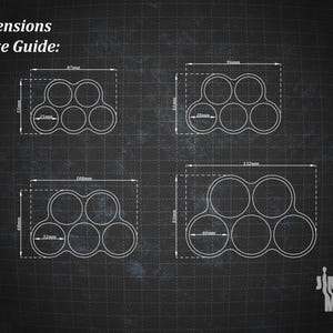 Puede incluir: Diagrama de cuatro soportes con agujeros circulares de diferentes tama&ntilde;os, cada uno con cinco agujeros, sobre un fondo oscuro. Las dimensiones se proporcionan en mil&iacute;metros. El texto "Dimensions & Size Guide" est&aacute; en la parte superior. El logotipo "Jimmy's Mins" est&aacute; en la esquina inferior derecha.