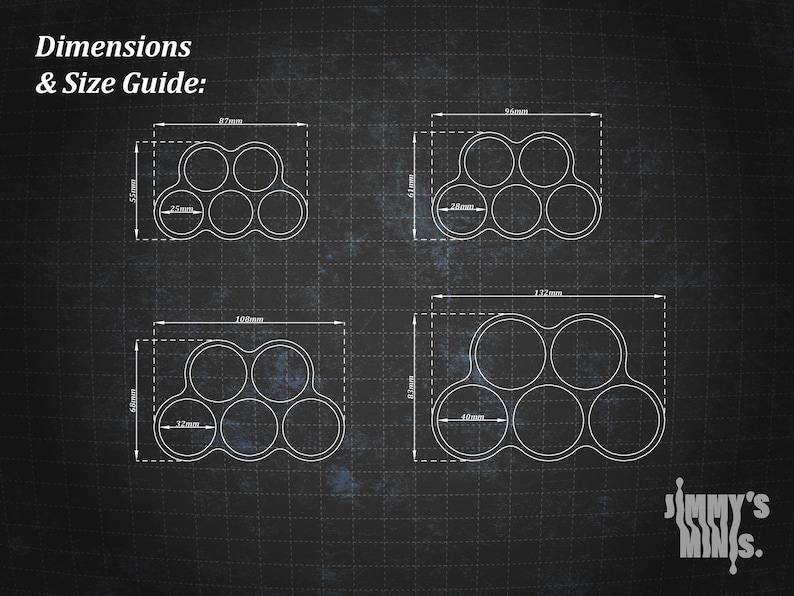 Puede incluir: Diagrama de cuatro soportes con agujeros circulares de diferentes tama&ntilde;os, cada uno con cinco agujeros, sobre un fondo oscuro. Las dimensiones se proporcionan en mil&iacute;metros. El texto "Dimensions & Size Guide" est&aacute; en la parte superior. El logotipo "Jimmy's Mins" est&aacute; en la esquina inferior derecha.