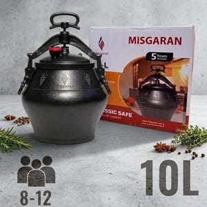 May include: A black Misgaran pressure cooker with a 10L capacity, featuring a heavy-duty locking handle mechanism, a red pressure valve, and embossed branding. The cooker is displayed next to its retail box, which shows a 5-year warranty label.