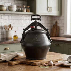 May include: A black pressure cooker with a handle and locking mechanism, sitting on a wooden cutting board. The cooker has a round body and a handle on top. The kitchen setting includes a wooden countertop, a brick wall, and various cooking utensils.