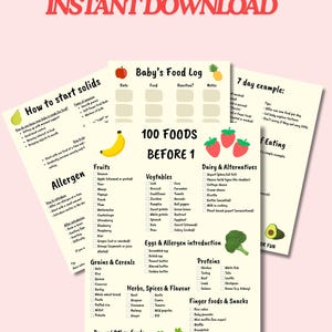 May include: A pink and white printable baby weaning bundle with the text "Baby Weaning Bundle INSTANT DOWNLOAD". Includes food logs, allergen information, and a 7-day example meal plan. Features illustrations of fruits and vegetables.