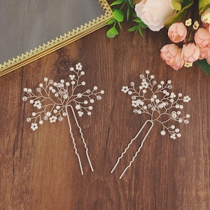 2 handmade flower beaded hair pins, gold wadding wire hair piece, bridal hair pins, hairpins trading