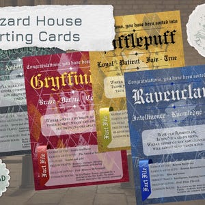 May include: A set of four Wizard House Sorting Cards, each representing a different house: Gryffindor, Hufflepuff, Ravenclaw, and Slytherin. The cards are in various colours and feature house traits and facts. The words "Wizard House Sorting Cards" are at the top.