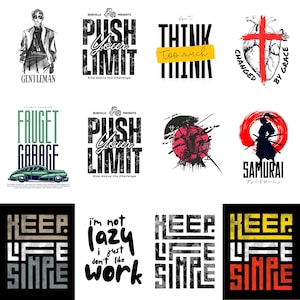 Puede incluir: Colección de diseños gráficos con texto e ilustraciones. Los diseños incluyen las frases "Push Your Limit", "Don't Think Too Much" y "Keep Life Simple". Otros diseños presentan un corazón con una cruz, un samurái y un coche antiguo.