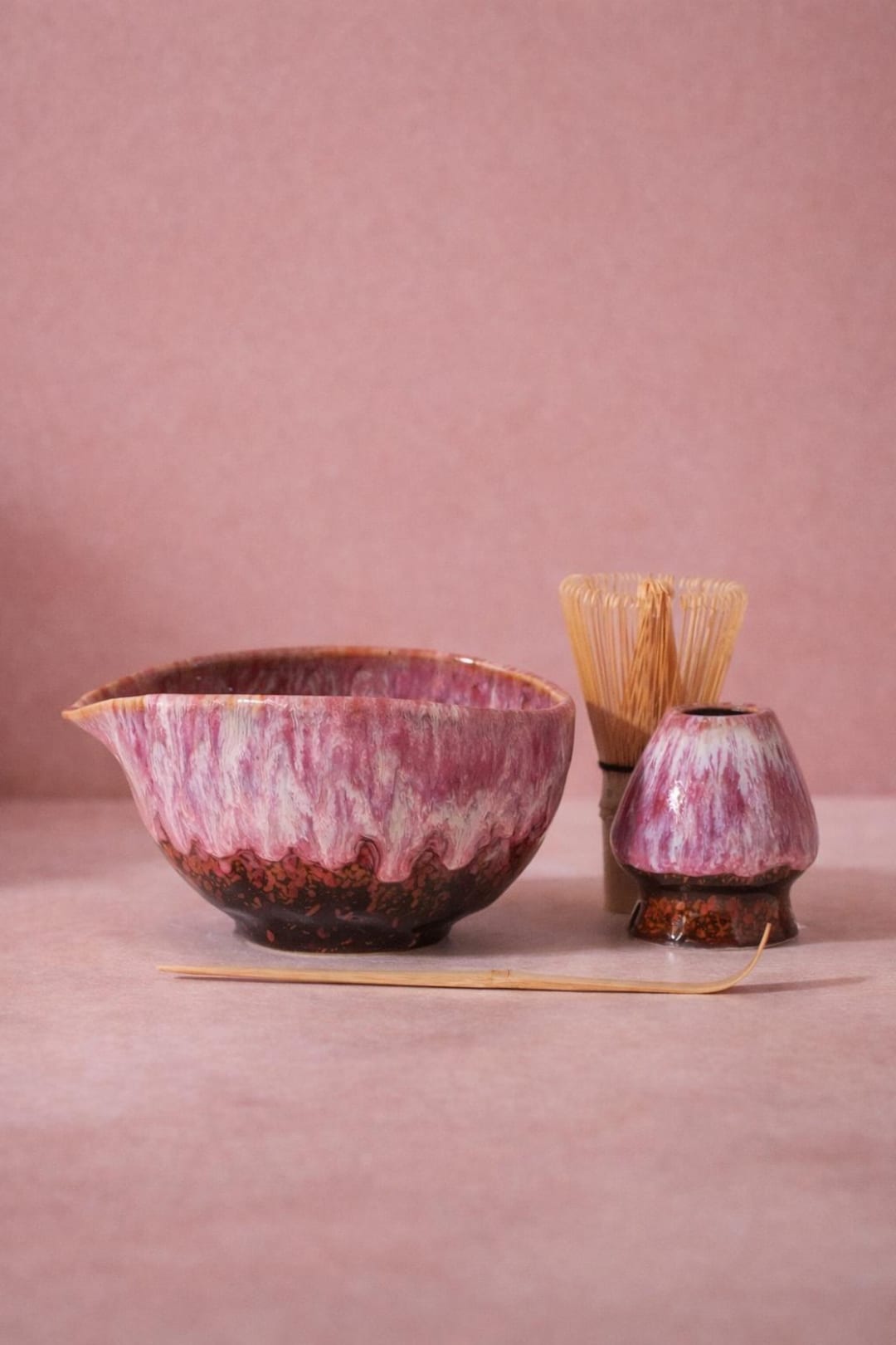 Handmade Pink Flow Glaze Matcha Bowl Set Ceramic Matcha Japanese Tea Starter Gift Set