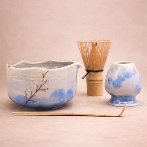 Handmade Blossom Blue Crystalline Kiln Glaze Matcha Bowl & Whisk Holder Japanese Tea Starter Gift Set