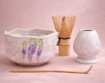 Juego de cuenco y soporte para batidor de matcha cristalino de lavanda y glicina hecho a mano