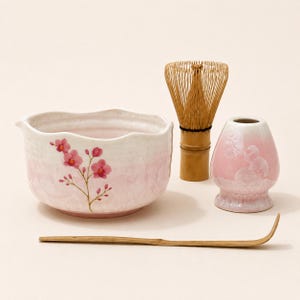 Handmade Orchid Pink Crystalline Glaze Matcha Bowl Set with Whisk Holder – Japanese Tea Starter