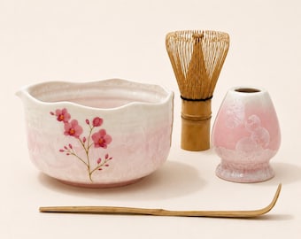 Juego de cuenco para matcha hecho a mano con esmalte cristalino rosa orquídea y soporte para batidor – Iniciador de té japonés