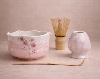 Handmade Natural Pink Orchid Crystalline Kiln Glaze Matcha Bowl & Whisk Holder Japanese Tea Starter Gift Set