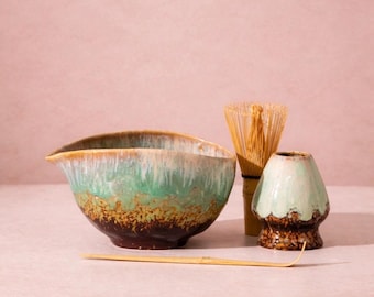 Handmade Seafoam Green Flow Glaze Matcha Bowl Set Ceramic Matcha Japanese Tea Starter Gift Set