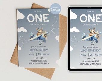 Airplane Teddy Bear 1st Birthday Invitation (Editable Canva Template)