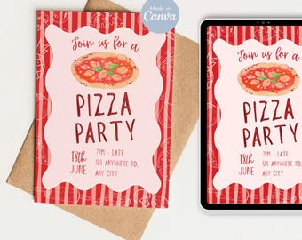 Puede incluir: Invitación a una fiesta de pizza con un borde a rayas rojas y blancas. La invitación presenta un gráfico de pizza y las palabras "Join us for a Pizza Party" con la fecha y la hora.