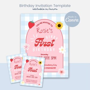 May include: A birthday invitation template with a pink and blue gingham background. The invitation features the text "Rosie's Berry First Birthday" with strawberry and sunflower illustrations. The template is labeled "editable in Canva."