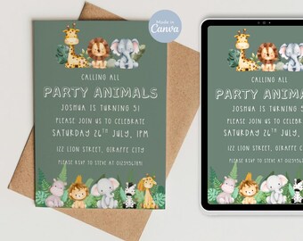 Bearbeitbare Partytiere Geburtstagsparty Vorlage, Geburtstagsparty einladen, Safari Geburtstag einladen, Kindergeburtstagsparty einladen, benutzerdefinierter Geburtstag