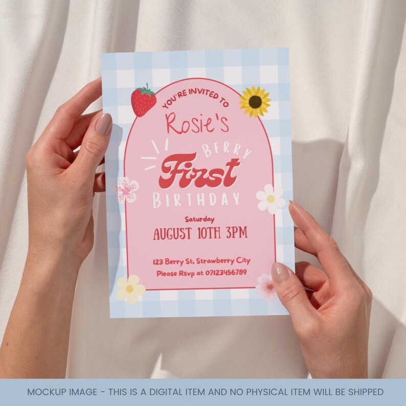 May include: A pink and blue gingham-patterned invitation for Rosie's first birthday. The invitation features a strawberry, sunflower, and daisy graphics. The text reads "Rosie's Berry First Birthday" with the date, time, and RSVP information.
