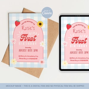 May include: A digital invitation for a first birthday party. The design features a pink arch with the text "Rosie's Berry First Birthday" on a light blue gingham background. Includes a strawberry, sunflower, and flowers. The date and time are also included.