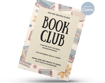 Editable Book Club Invitation Template, Book Lover Theme (Canva)