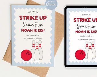 Puede incluir: Una invitación de cumpleaños azul claro con temática de bolos. El texto dice "Strike Up Some Fun, Noah is Six!" con una bola y bolos rojos. La invitación está sobre un fondo blanco con un sobre marrón.