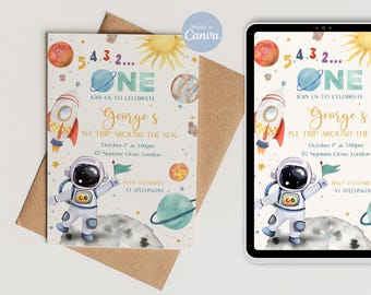 Editable First Party Invitation Template - One Birthday Invite - Birthday Party Invite - Space Party Invitation - Astronaut Party Invite