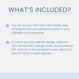 以下が含まれることがあります： 白の背景に、濃い青色で「WHAT'S INCLUDED?」のテキスト。箇条書きで、デザインをカスタマイズし、PDFバージョンをダウンロードするための、編集可能なCanvaテンプレートへのリンクを含むPDFの受信について説明しています。