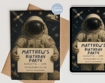 Bewerkbare verjaardagsuitnodiging, astronaut verjaardagsuitnodiging, bewerkbare verjaardagsfeestje uitnodigen, ruimte verjaardagsuitnodiging, ruimteschip verjaardagsfeestje