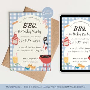May include: A BBQ birthday party invitation with a blue gingham background. The invitation includes the text "BBQ Birthday Party" and event details. The design features illustrations of a grill, apron, and food items. The invitation is on a mockup card.