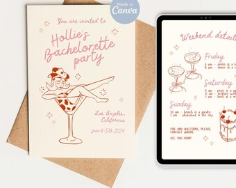 May include: A digital invitation for Hollie's Bachelorette party, featuring a retro illustration of a woman in a martini glass. The invitation includes event details for Los Angeles, California, June 4-5th, 2024. The design is in shades of pink and brown.