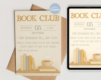 Modèle d'invitation de club de lecture modifiable, invitation à une réunion de club de lecture, invitation club de lecture imprimable, modèle club de lecture Canva, thème des amoureux des livres