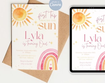 First Birthday Invite, First Trip Around The Sun Birthday Invite, Editable Birthday Party Invite, First Birthday Invite, 1st Birthday