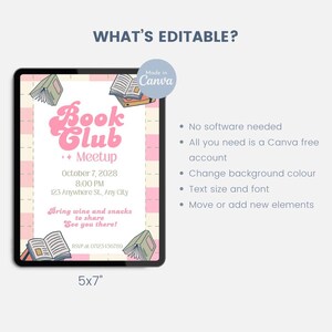 以下が含まれることがあります： タブレットに表示された、ブッククラブの集まりのデジタル招待状。デザインは、レトロなフォントで「Book Club」という言葉が入ったピンクと白のチェック柄の背景が特徴です。招待状のサイズは12.7 x 17.8 cmです。