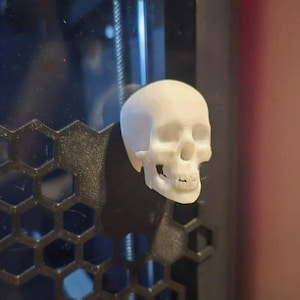 Puede incluir: Una pequeña calavera blanca impresa en 3D. La calavera está montada en una estructura negra con patrón de panal, posiblemente una caja de ordenador o un elemento decorativo. La calavera es un modelo detallado de un cráneo humano.