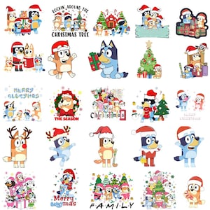 May include: A collection of Christmas-themed cartoon character designs. The designs feature characters wearing Santa hats and holding gifts, with text such as "Merry Bluesymas" and "Rockin' Around the Christmas Tree."