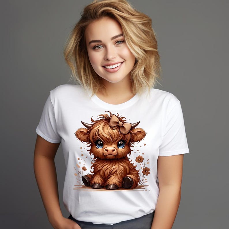 Puede incluir: Camiseta blanca con un dise&ntilde;o de ternero de vaca de las Tierras Altas. El ternero tiene pelaje marr&oacute;n, un lazo y ojos azules. Acentos florales marrones rodean al ternero. La camiseta es de cuello redondo.