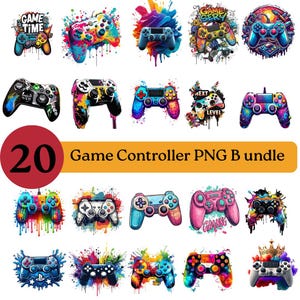 May include: A selection of 20 colourful game controller PNG images. The controllers feature various designs, including paint splatters, text, and vibrant colour schemes. The text "Game Controller PNG Bundle" is also present.