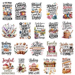 Könnte beinhalten: Eine Sammlung von Kunstdrucken im Aquarellstil zum Thema Küche. Jeder Druck zeigt Text und Illustrationen zum Kochen, Backen und zur Familie. Die Drucke enthalten Sätze wie "Baking is my therapy" und "Wake up, it's coffee time."