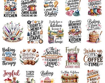 May include: A collection of watercolor-style kitchen-themed art prints. Each print features text and illustrations related to cooking, baking, and family. The prints include phrases like "Baking is my therapy" and "Wake up, it's coffee time."