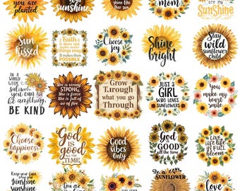 Sunflower PNG Clipart Bundle, Retro Flowers, Positive Quotes (Digital Download)