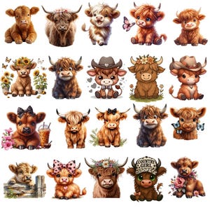 May include: A collection of cartoon-style Highland cows in various poses. Some cows wear hats, bows, and flower crowns. The cows are brown with long, shaggy fur and large horns. Some images include butterflies, flowers, and a drink.