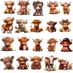 May include: A collection of watercolor illustrations of Highland cows in various poses. The cows are depicted with fluffy brown fur, some adorned with accessories like bows, hats, and floral crowns. The illustrations have a cute and whimsical style.