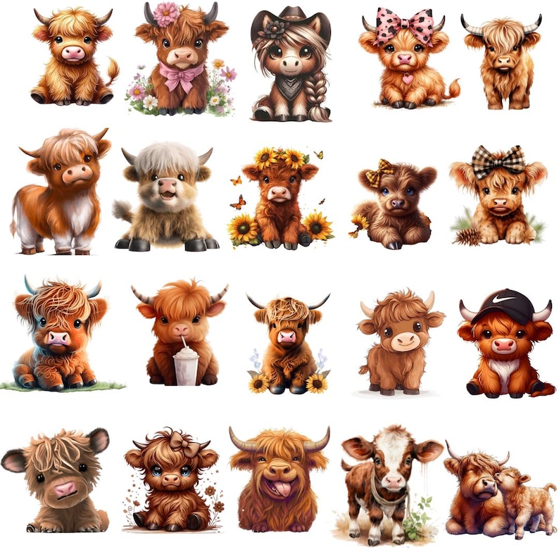 Puede incluir: Una colecci&oacute;n de ilustraciones en acuarela de vacas de las Tierras Altas en varias poses. Las vacas est&aacute;n representadas con pelaje marr&oacute;n esponjoso, algunas adornadas con accesorios como lazos, sombreros y coronas florales. Las ilustraciones tienen un estilo lindo y caprichoso.