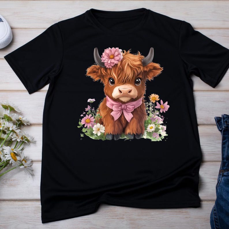 Puede incluir: Camiseta negra con una ilustraci&oacute;n de dibujos animados de una vaca de las Tierras Altas. La vaca tiene un lazo rosa, una corona de flores y est&aacute; rodeada de flores. La vaca marr&oacute;n tiene ojos grandes y cuernos peque&ntilde;os. El dise&ntilde;o est&aacute; impreso en una camiseta negra.