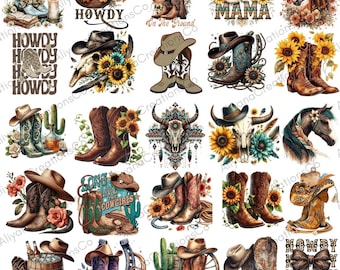 Paquete de PNG retro del oeste / Diseños de vaqueros, vaqueras y rodeos (descarga digital)