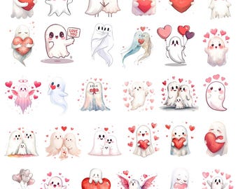 May include: A collection of watercolor illustrations featuring cute, cartoon ghosts. The ghosts are white with various expressions, holding hearts, and surrounded by small red hearts. Some illustrations show ghosts in pairs or groups, conveying themes of love and affection.