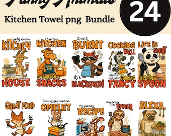 Pacote de imagens PNG de panos de prato com animais engraçados, 24 frases divertidas sobre culinária em PNG, sublimação de animais fofos da fazenda, clipart de chef para download digital.